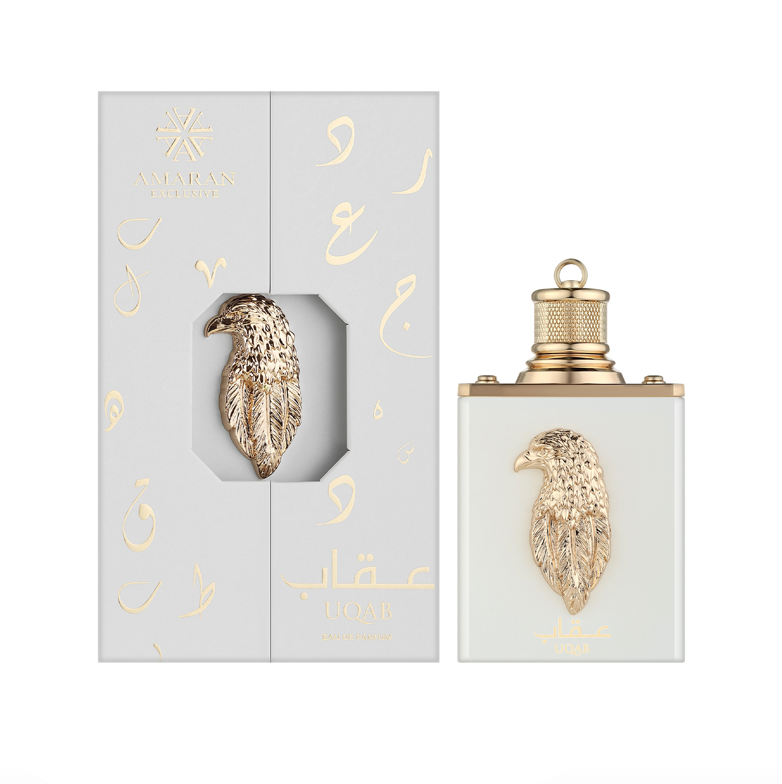 A professional product display showing the white Uqab 100ml bottle standing beside its matching calligraphy-adorned gift box, complete with a signature golden eagle emblem.