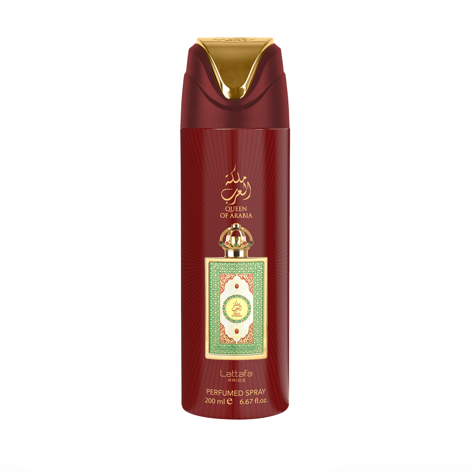 Profesionali gaminio nuotrauka Lattafa Pride "Queen of Arabia" dezodoranto buteliukas (200 ml), pabrėžiantis jo elegantišką dizainą ir aukščiausios kokybės, elegantišką prekės ženklo Lattafa Pride surinkimas prieš švarų, modern fonas.