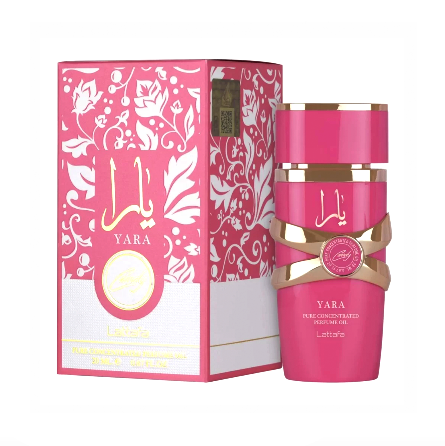 Stilinga produkto nuotrauka, kurioje demonstruojamas Lattafa Yara Saldainiai perfume aliejaus buteliukas ir prie jo priderinta prabangi pakuotė, pabrėžianti žaismingą, bet elegantišką šio madingo aromato dizainą.